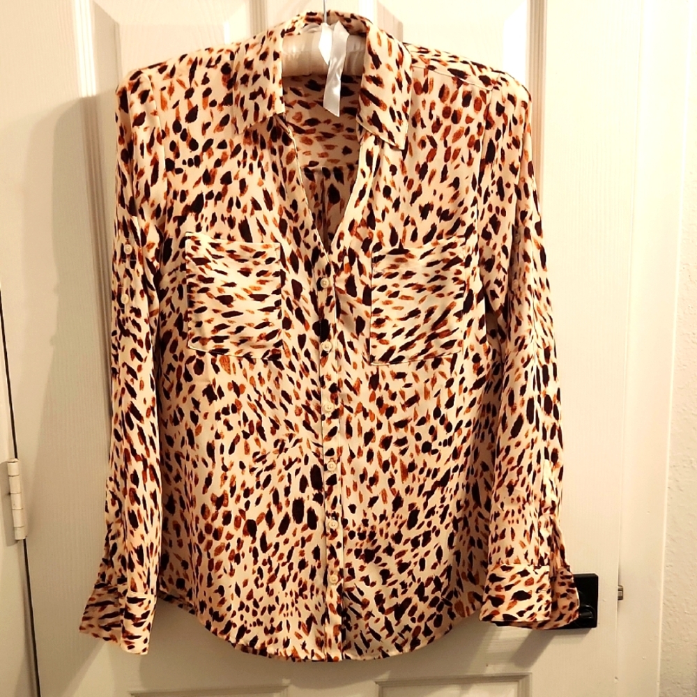 Express Tan and Brown Long Sleeve Button Down Shirt